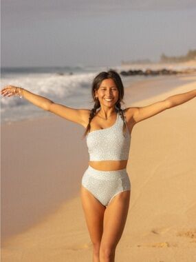 One-Shoulder High-Waist Floral Bikini Set - Light Blue